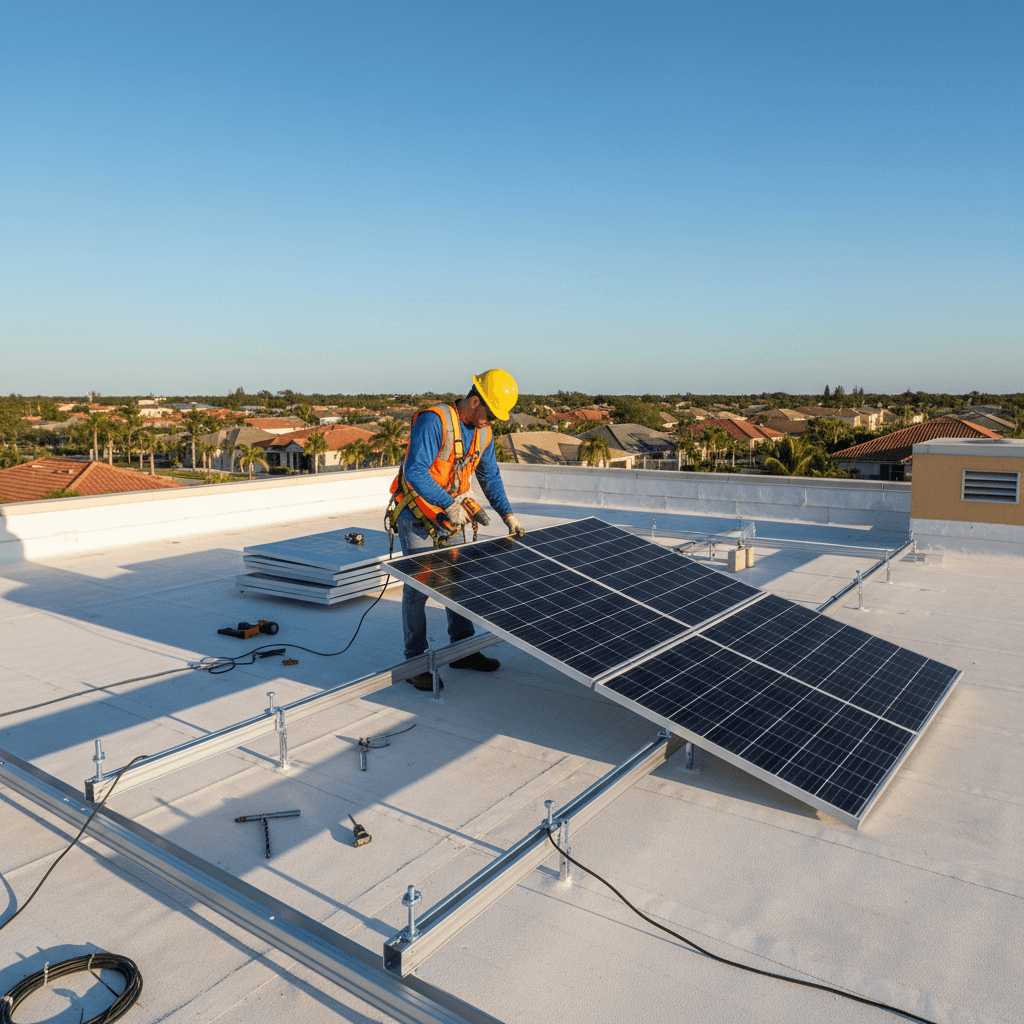 Solar panel installation on commercial rooftop in Deerfield Beach