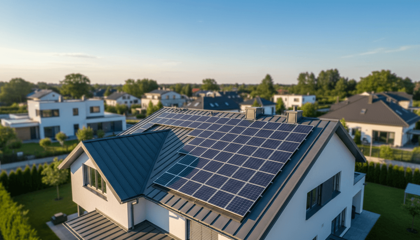 Aerial view of installed solar panel array covering residential home roof in afternoon sunlight