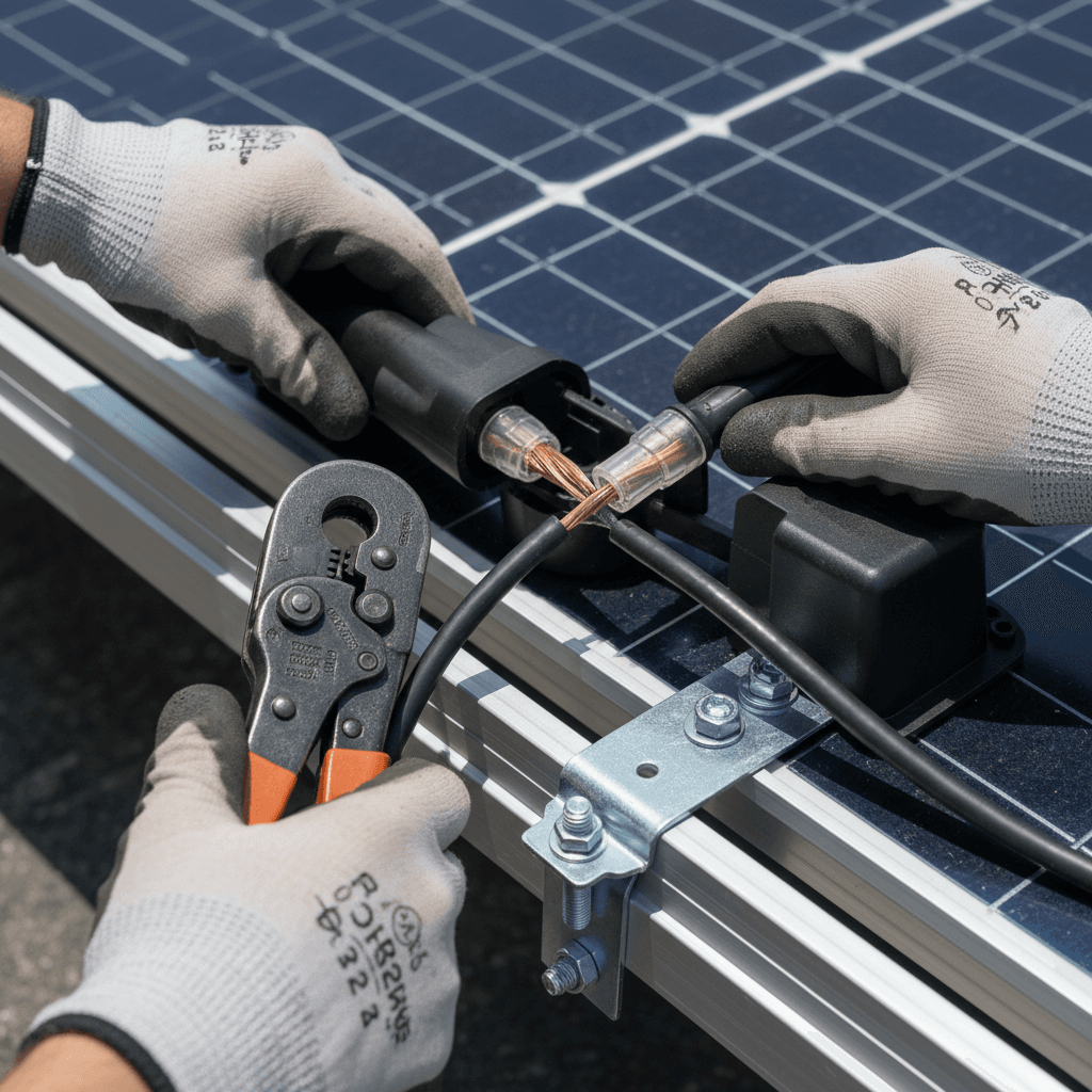 Close-up of solar installation electrical work