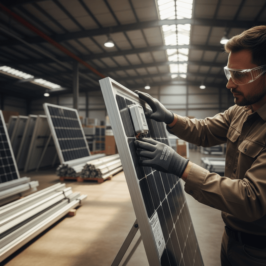 Contractor examining solar panel details in bright warehouse with stacked panels and equipment visible