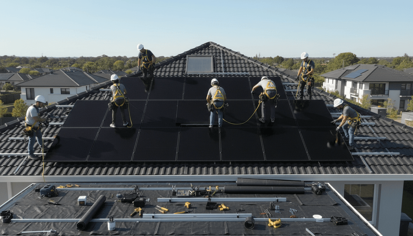 Solar panel installation on rooftop with technician securing equipment